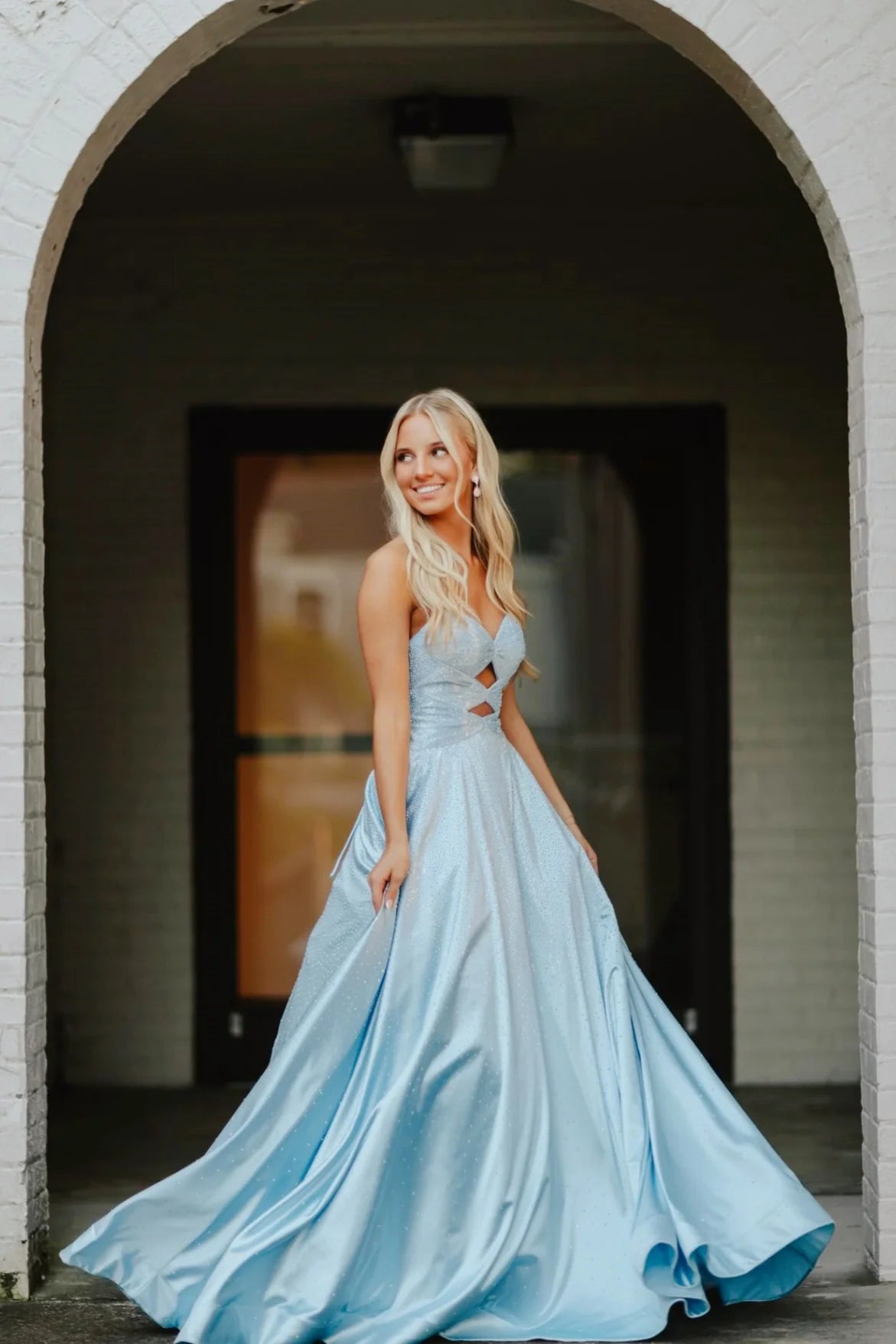 Light Blue Rhinestone Cutout Strapless Ballgown