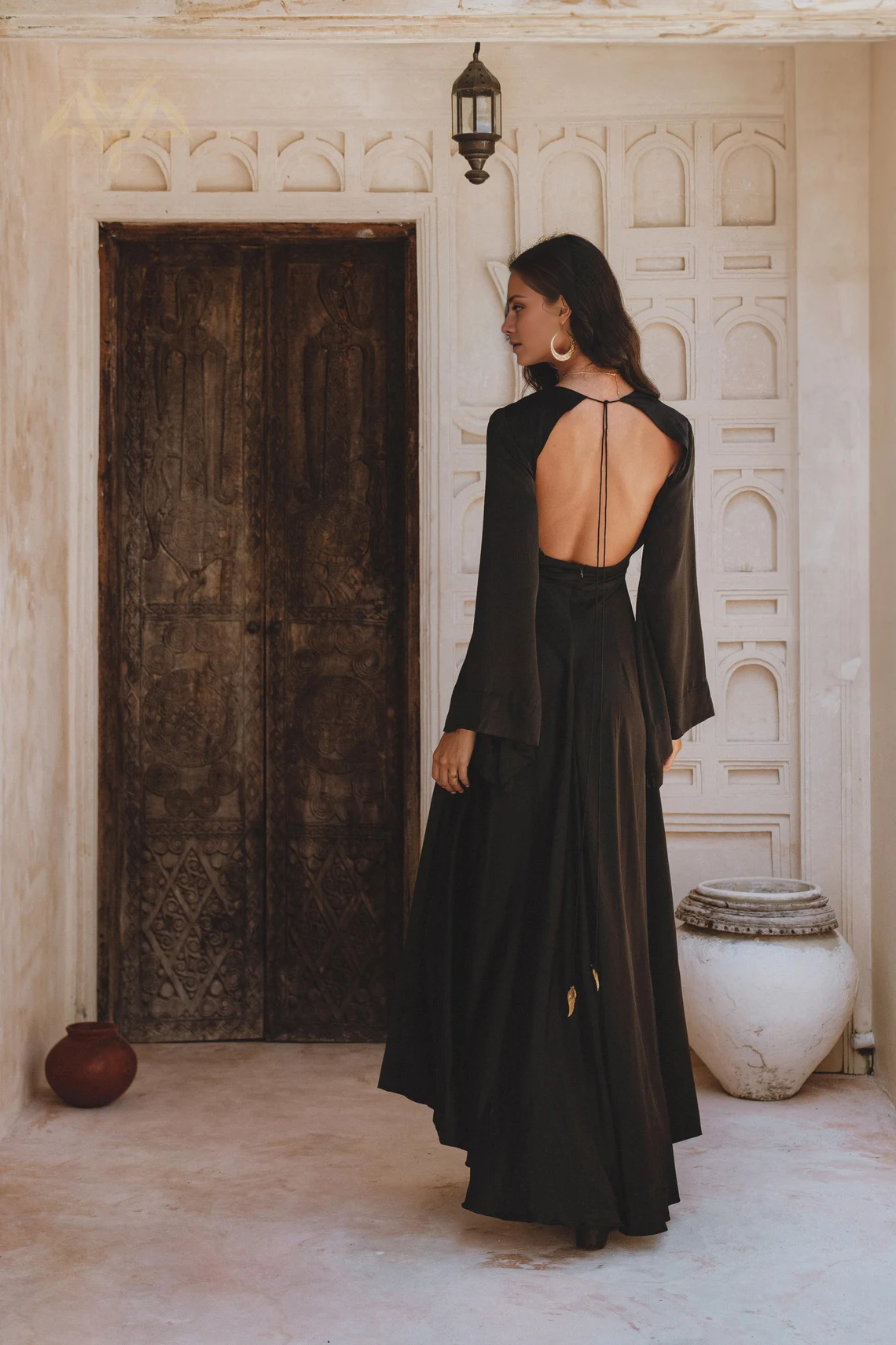 Black Satin A-Line V-Neck Floor-Length Dress