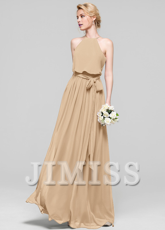 A-line low round neck bow floor mopping chiffon bridesmaid dress