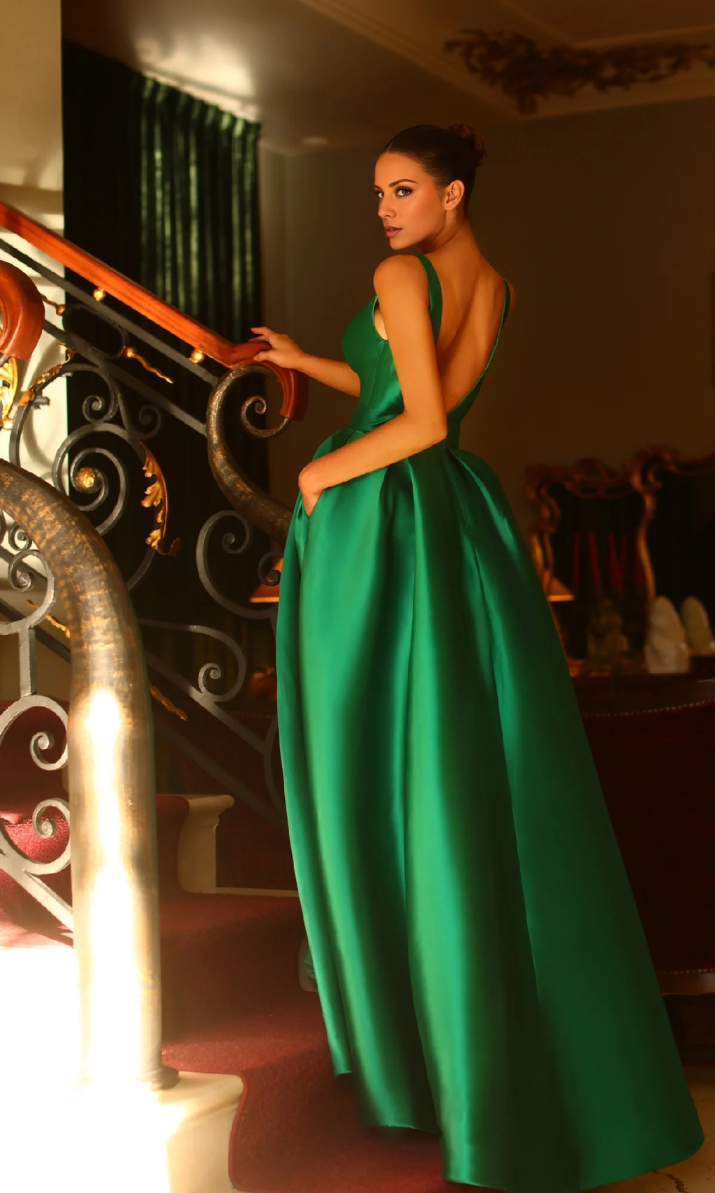 Emerald Satin A-Line Floor-Length Evening Dress