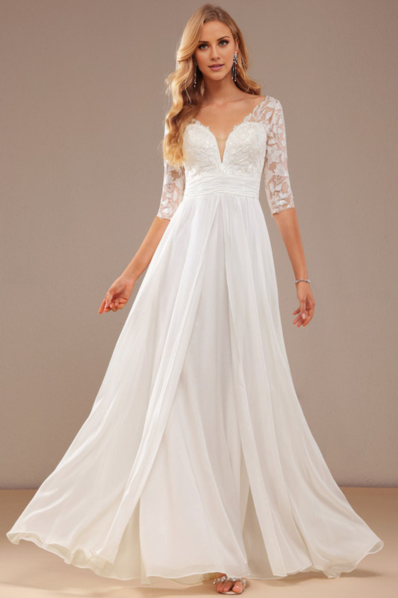 Sparkling ruffle A-line V-neck 3/4 sleeves and lace chiffon wedding dress
