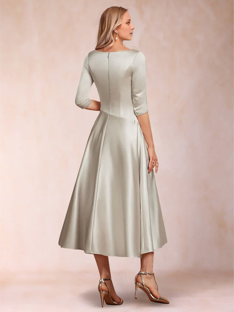 Champagne Satin A-Line V-Neck Tea-Length Bridesmaid Dress with Pleated Bodice
