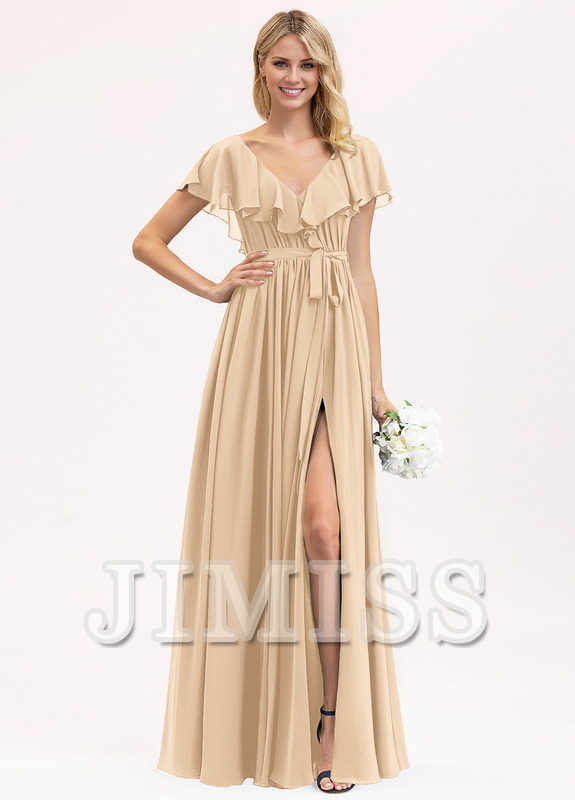 Abito da damigella d'onore in chiffon con scollo a V, lunghezza al pavimento, balze a balze e fiocco