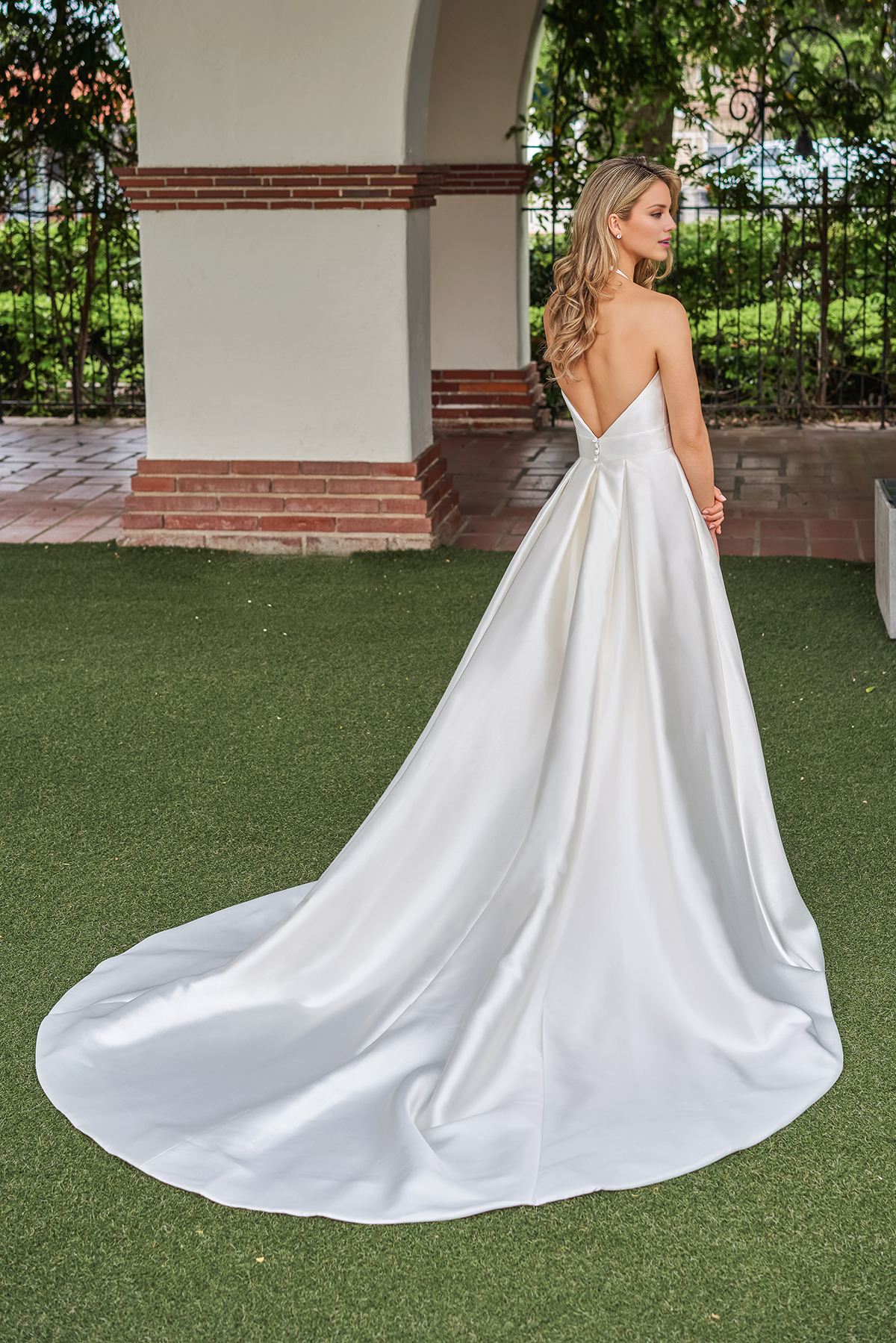 Ivory Satin A-Line Floor-Length Evening Dress with Halter neckline, Backless Design, High Slit & Pockets