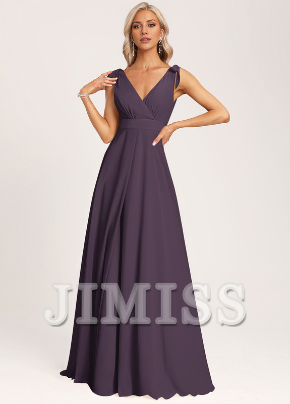 Vestido de dama de honor con escote en V y lazo de gasa en el fondo