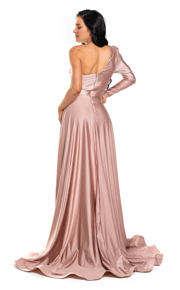 Mermaid one shoulder long sleeved backless slit and floor length Prom dress