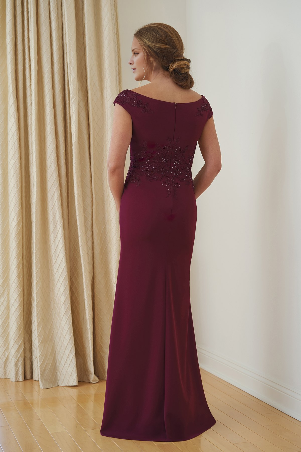 Burgundy Off-the-Shoulder Beaded Satin Sheath/column Floor-Length Gown