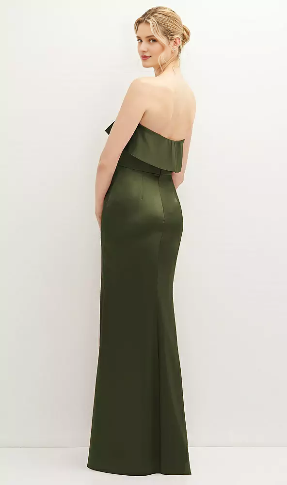 Vestido de fiesta sin tirantes, con borde de volantes suaves, abertura frontal, largo hasta el suelo y con cuernos