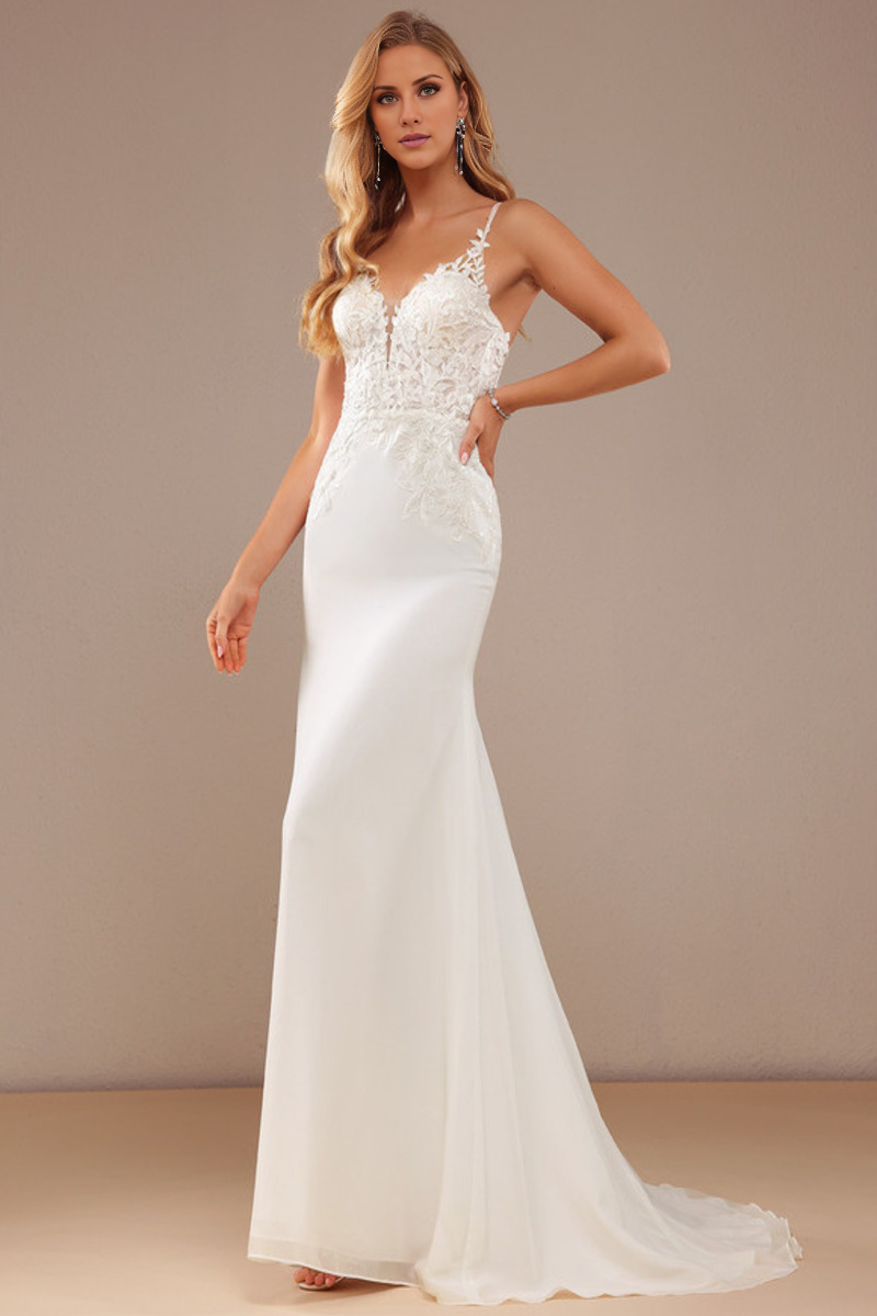 Ivory Lace A-Line Floor-Length Bridesmaid Dress with V-Neck