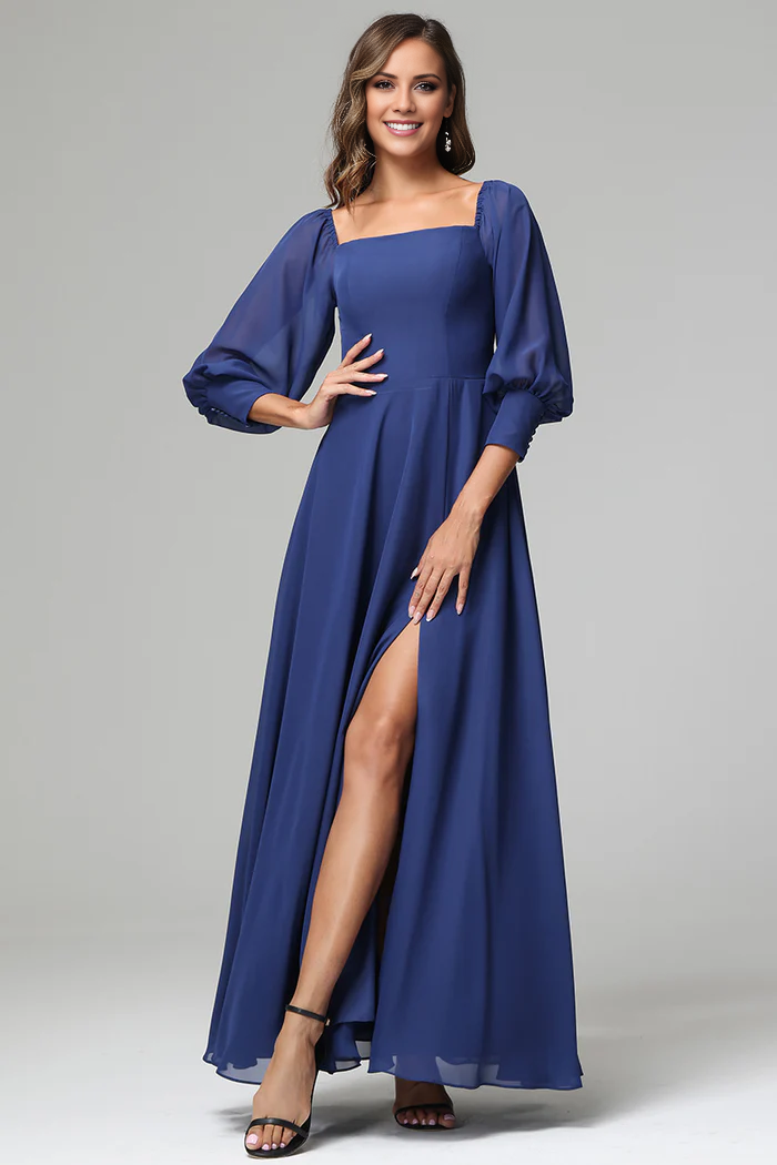 Square neck 3/4 sleeve slit chiffon and floor length bridesmaid dress