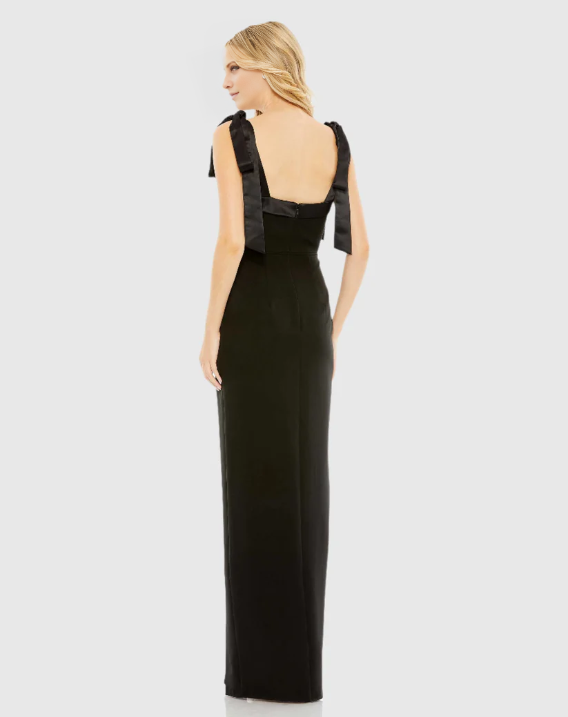 Square neck sleeveless tie side slit floor length evening dress