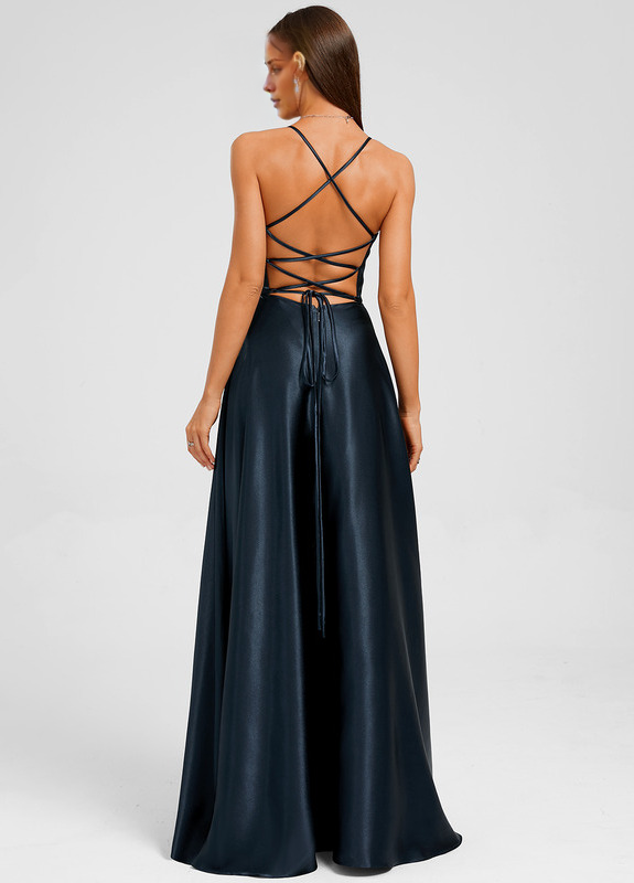 Abito da ballo in raso plissettato lungo fino al pavimento, con scollo a V e linea ad A