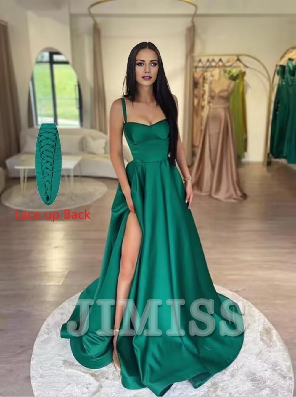 Vestido de fiesta formal de satén con tirantes finos, abertura larga en forma de A y plisado.