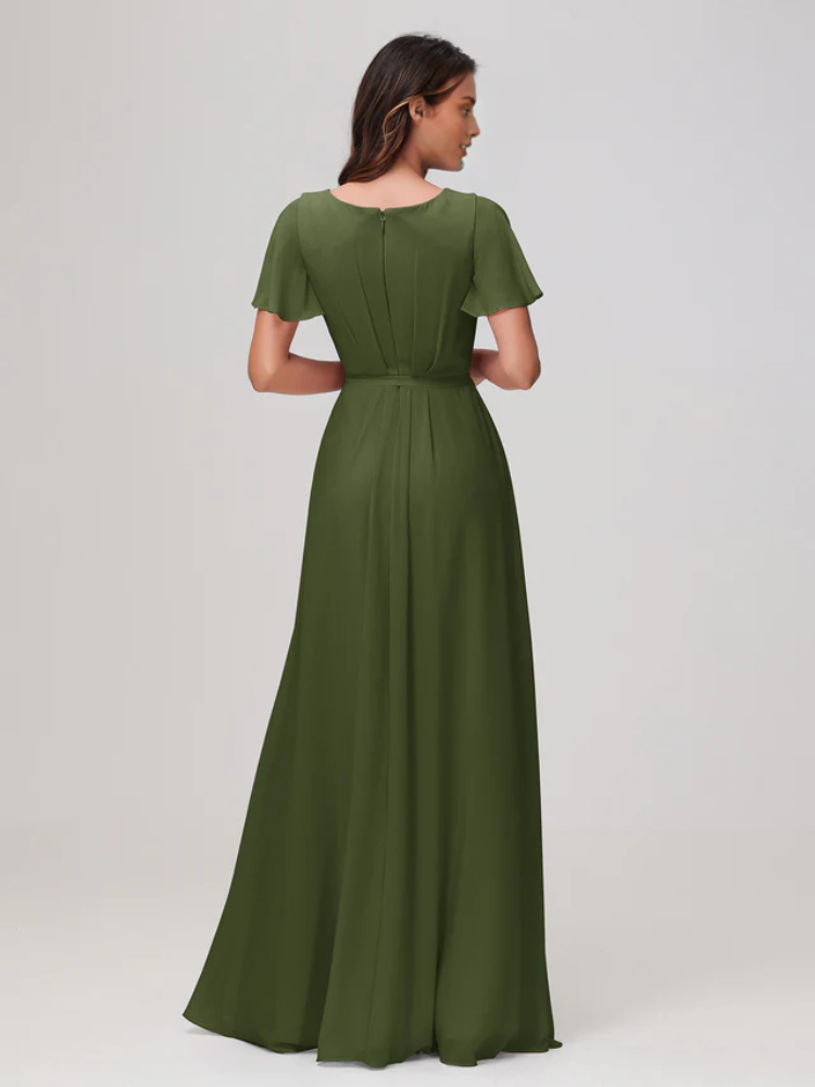 Chiffon Short-Sleeve V-Neck Ruched Bodice High-Slit A-Line Floor-Length Bridesmaid Dresses
