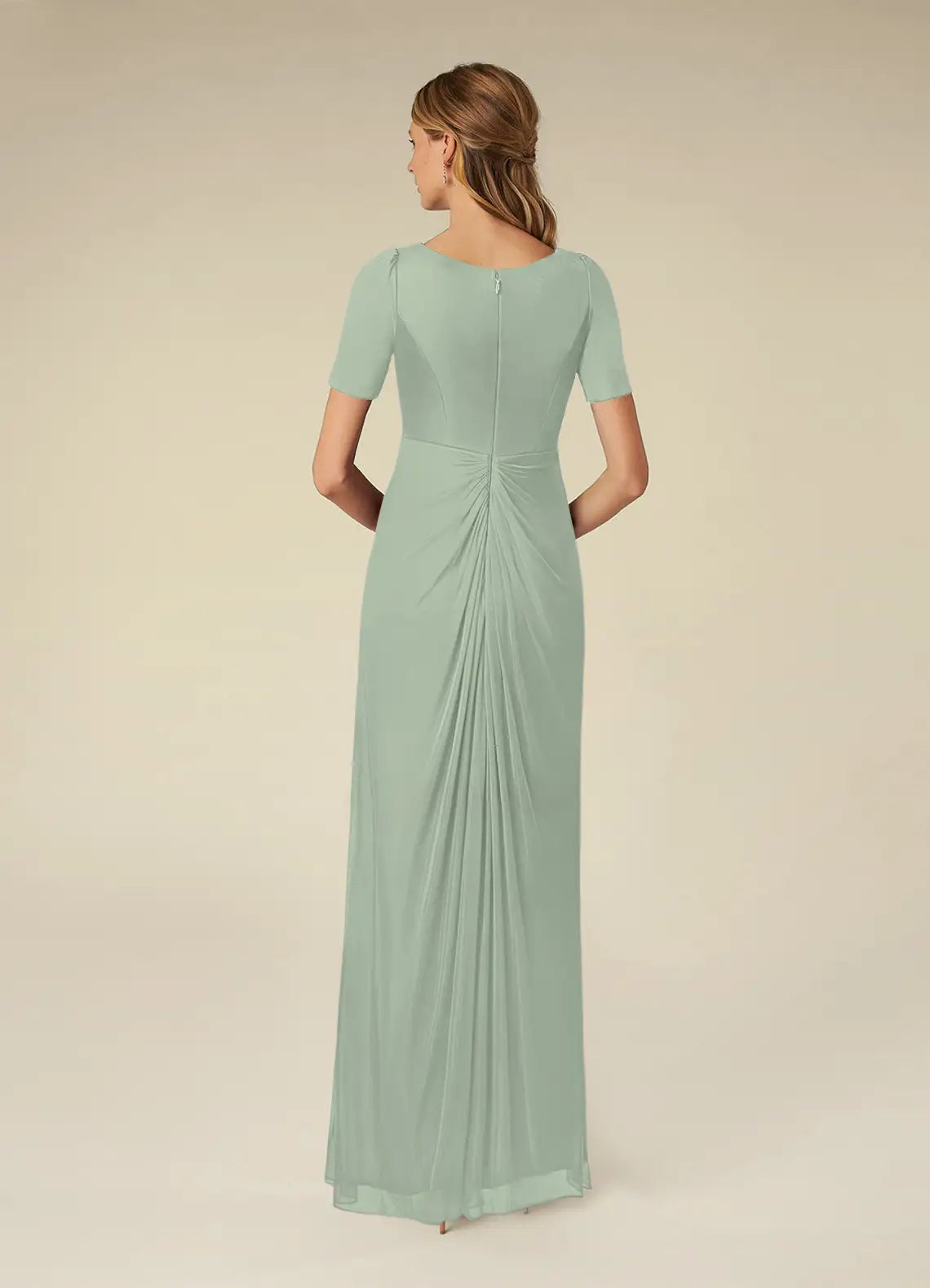 Abito da madre della sposa lungo fino al pavimento, a maniche corte, in rete plissettata, a trapezio