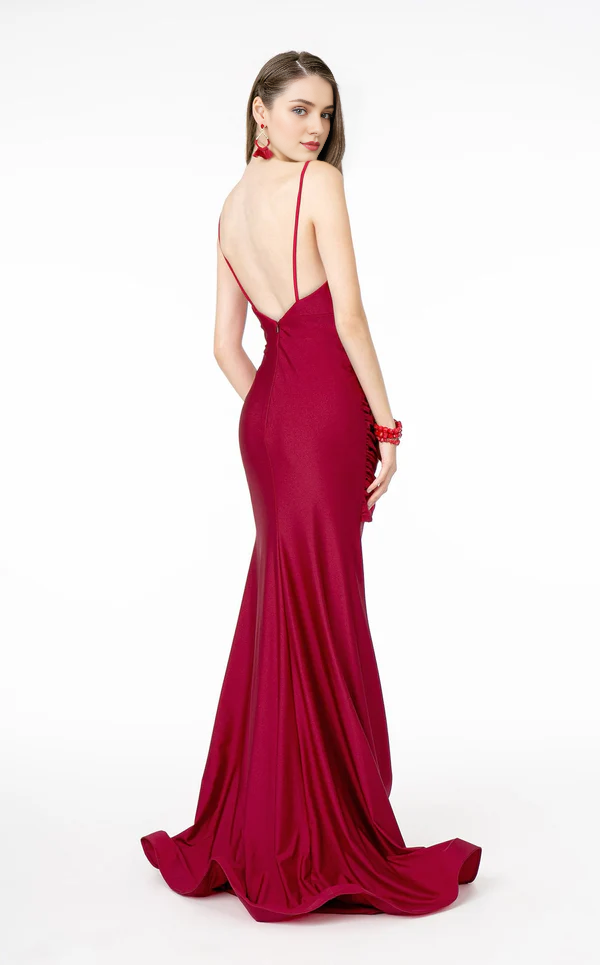 Burgundy Stretch Knit Mermaid Floor-Length Evening Dress