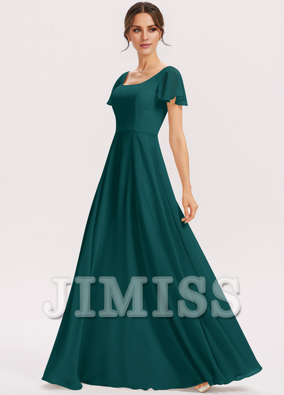 Vestido de dama de honor de gasa con volantes escalonados, corte A, cuadrado, largo hasta el suelo