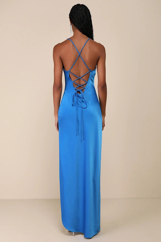 Vestido de noche Jimiss con escote en V, hombros descubiertos, sin mangas, tirantes finos, espalda descubierta, abertura lateral y largo hasta el suelo