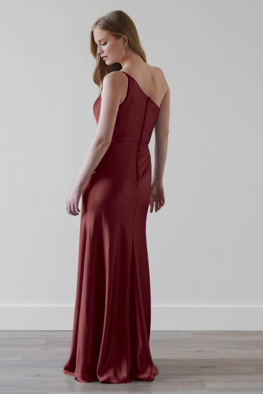 Vestido de noche Jimiss con cuello de un solo hombro, sin mangas y largo hasta el suelo