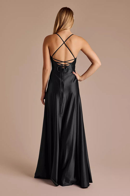 Black A-Line Sweetheart Satin Floor-Length Dress