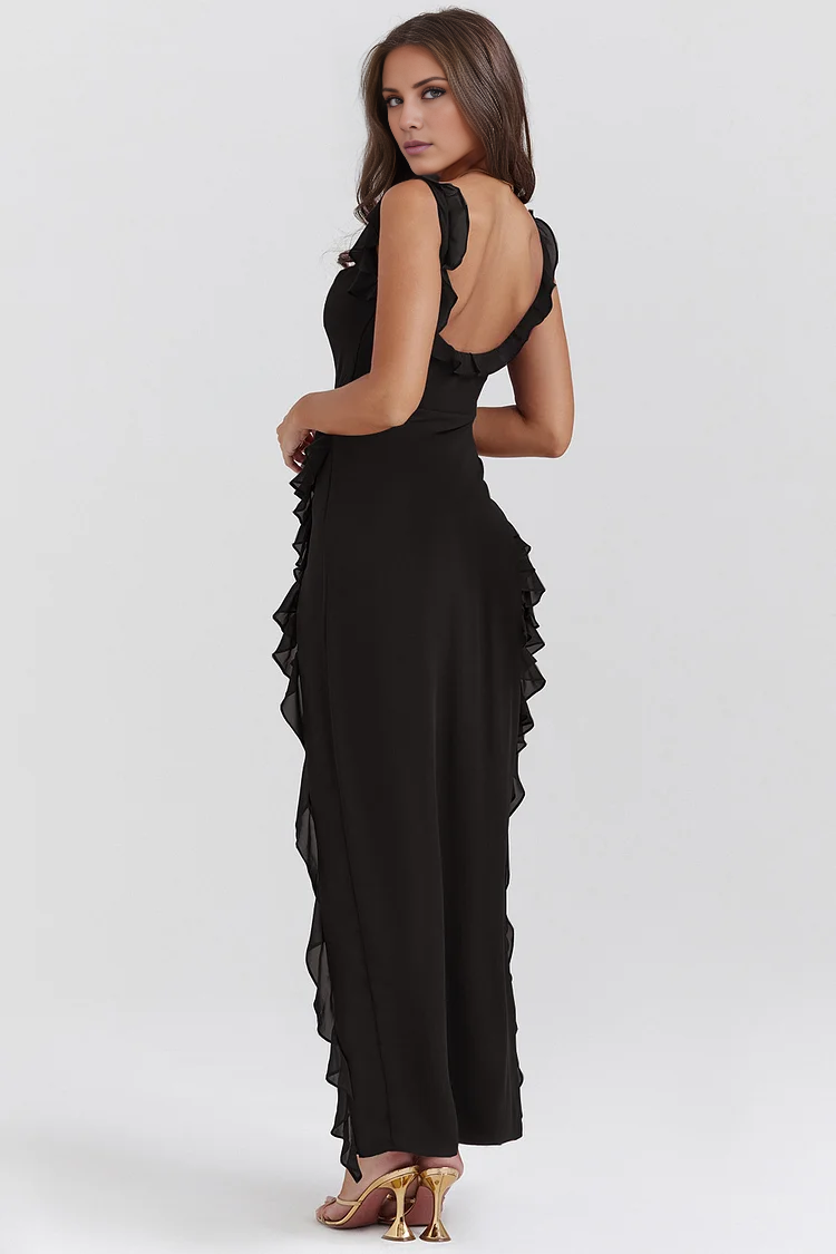Vestido de fiesta Jimiss con escote cuadrado, hombros descubiertos, sin mangas, espalda descubierta, abertura lateral y largo hasta el suelo