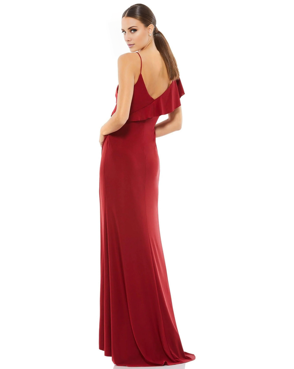 Vestido de fiesta Jimiss con escote en V, plisado, asimétrico, con volantes y largo hasta el suelo