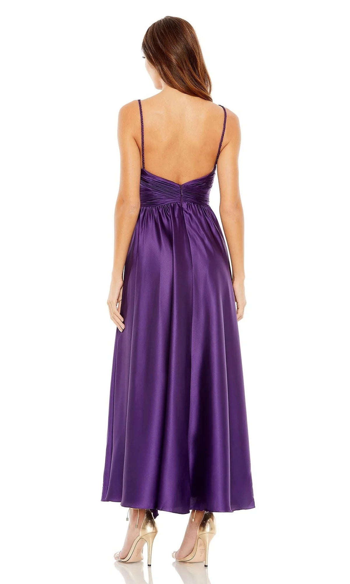 Purple Satin A-Line Ankle-Length Dress with V-Neck and Pleated Bodice