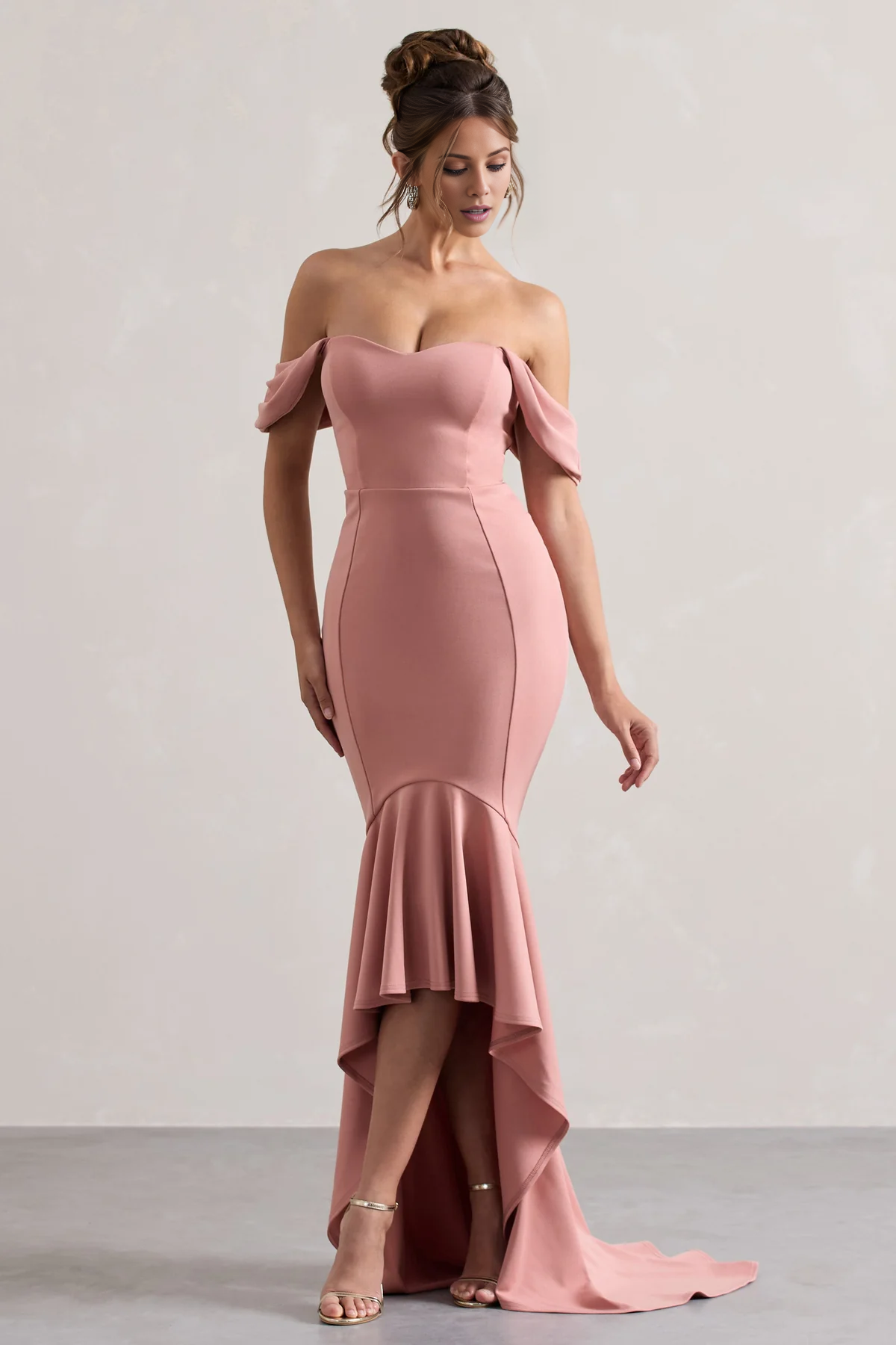 Vestido de noche rosa con escote en forma de corazón y largo hasta el suelo con dobladillo de hoja de loto - Vestido Jimiss 