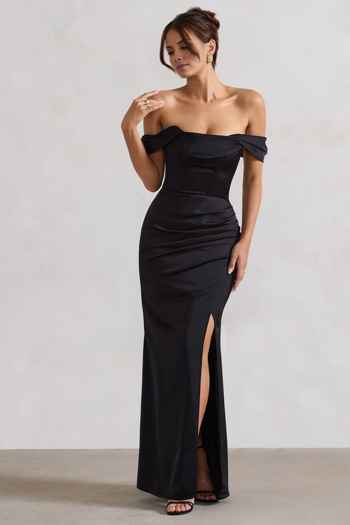 Off shoulder collar satin side slit and floor length evening dress - jimiss dress