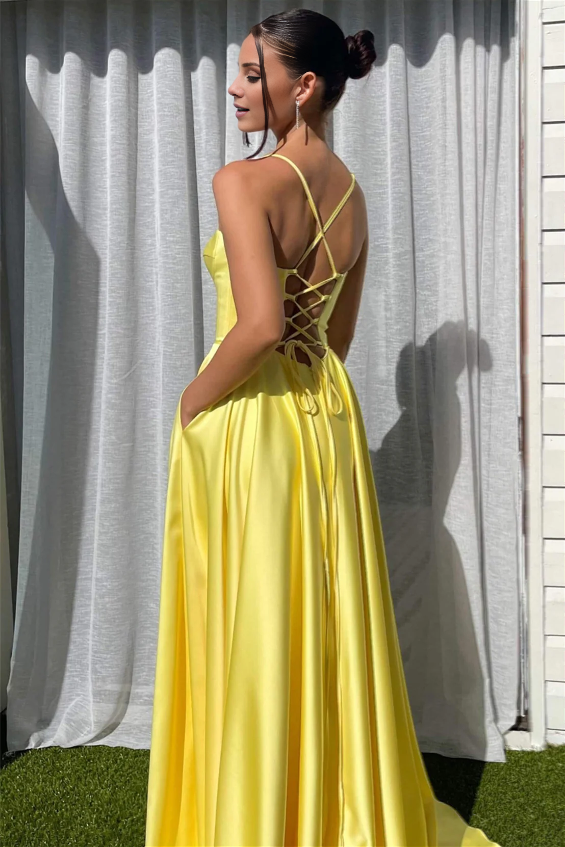 Elegant Yellow Satin A-Line Floor-Length Evening Dress with Plunging V-Neck & High Slit