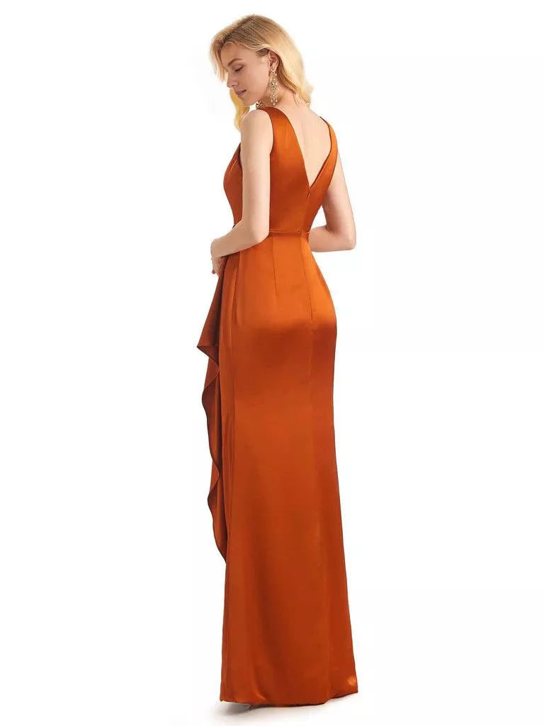 Elegantes vestidos de dama de honor formales, largos hasta el suelo, de satén suave, con escote en V y sin mangas