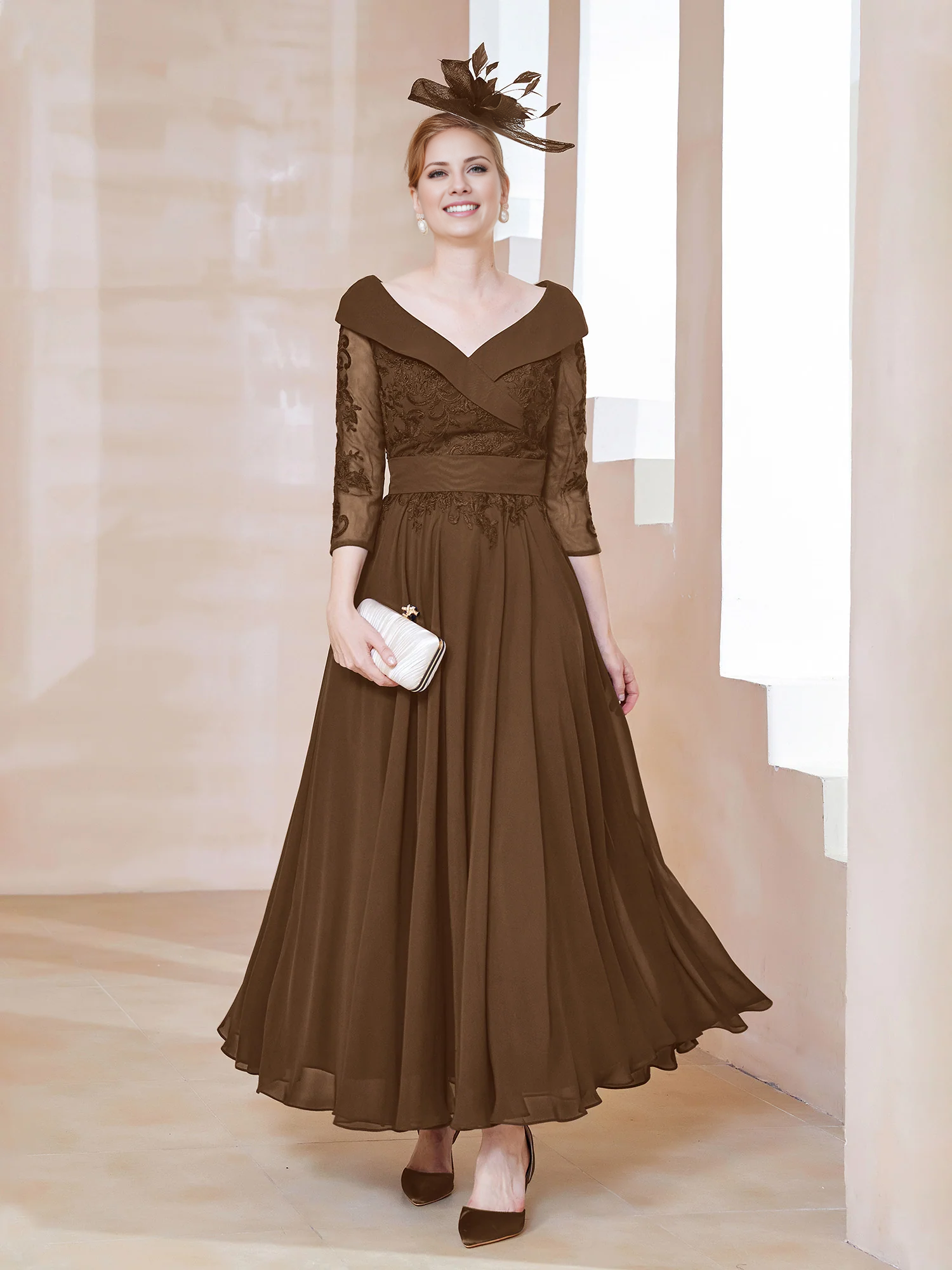 Dark Navy Chiffon A-Line Ankle-Length Off-the-Shoulder Evening Dress