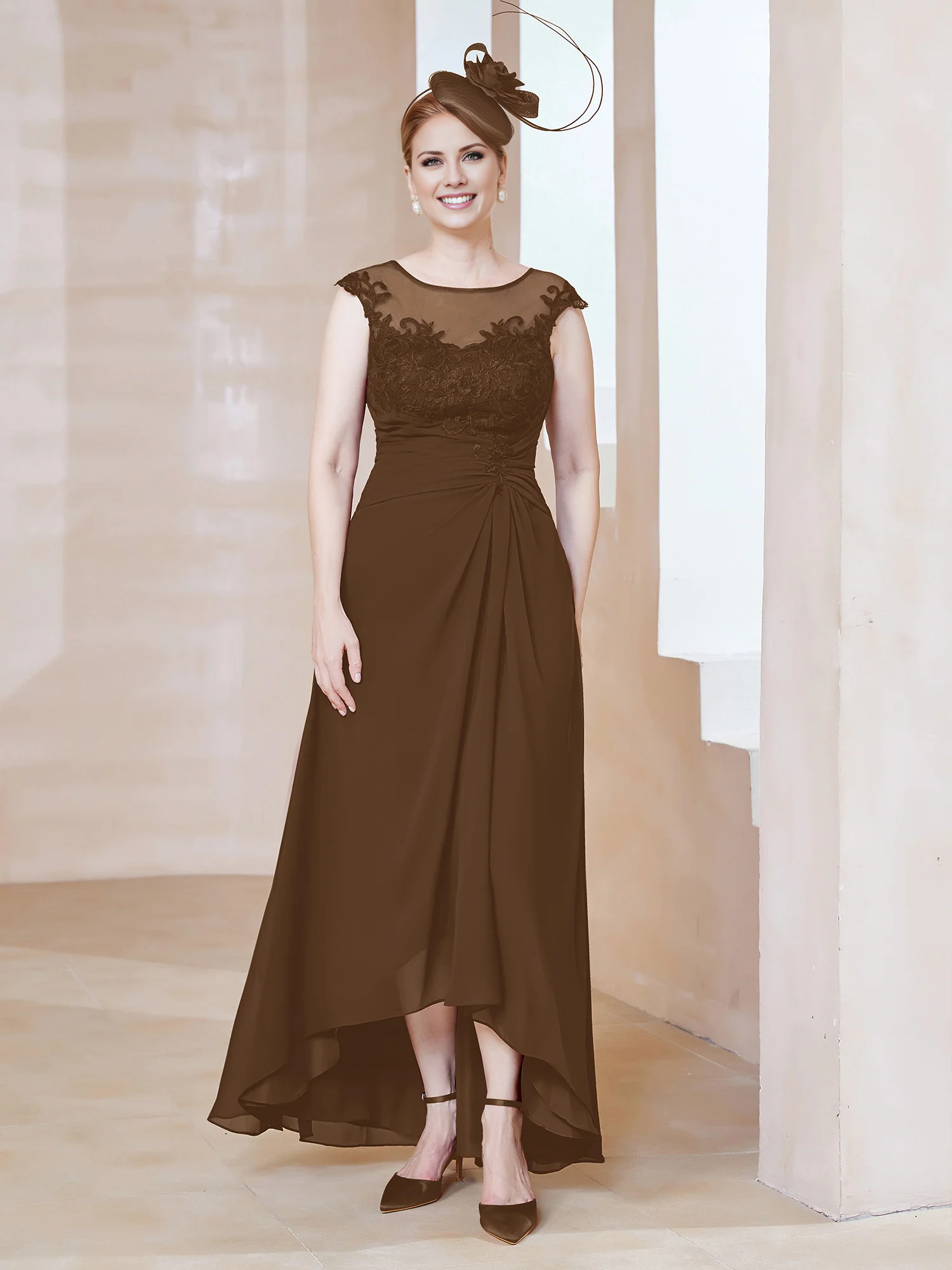 Burgundy Chiffon A-Line Asymmetrical Illusion Neck Dress with Lace Bodice