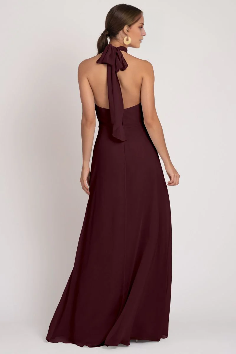 Burgundy Crepe A-Line Floor-Length Dress with Halter Neckline and Backless Design
