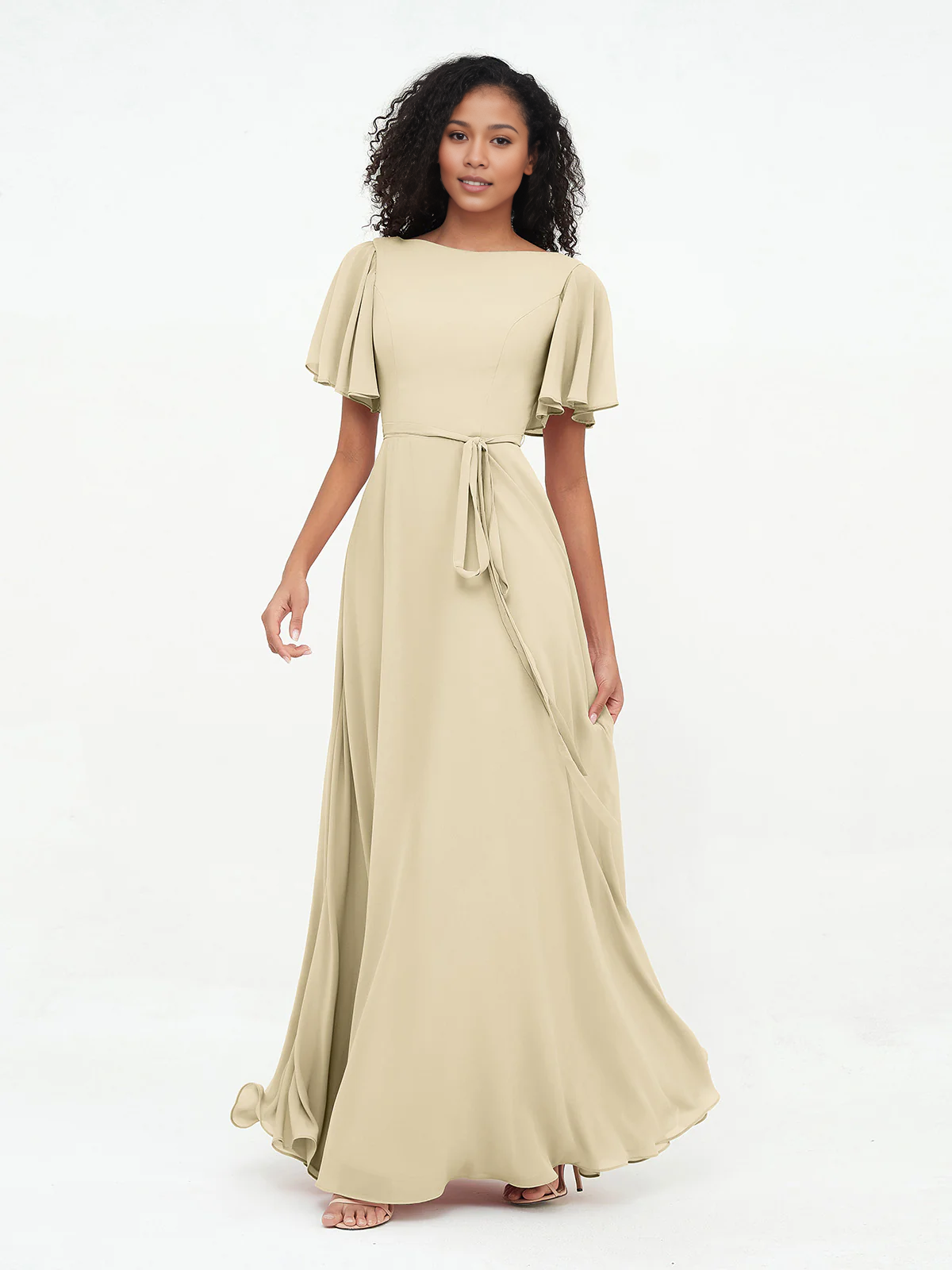 Dark Navy Chiffon A-Line Floor-Length Bridesmaid Dress with Flutter Sleeves & Tie Waist