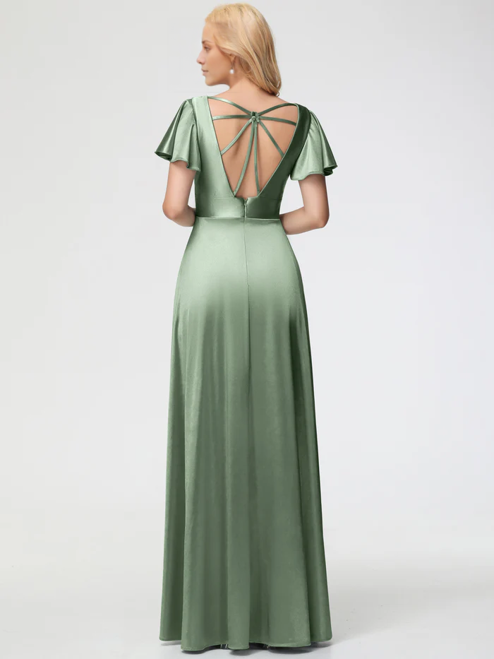 Vestido de fiesta de satén con escote en V profundo y mangas cortas de Jimiss