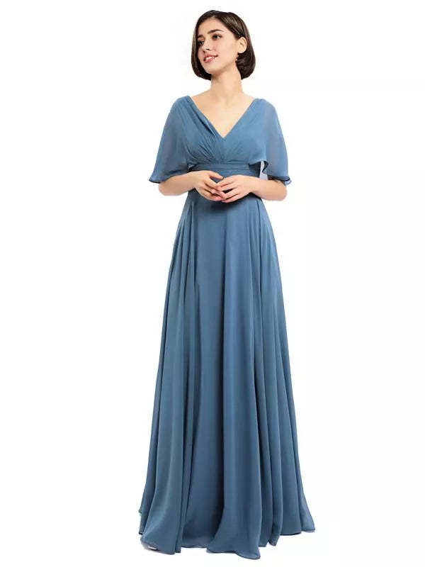 Elegantes vestidos largos de dama de honor de gasa con escote en V y mangas cortas