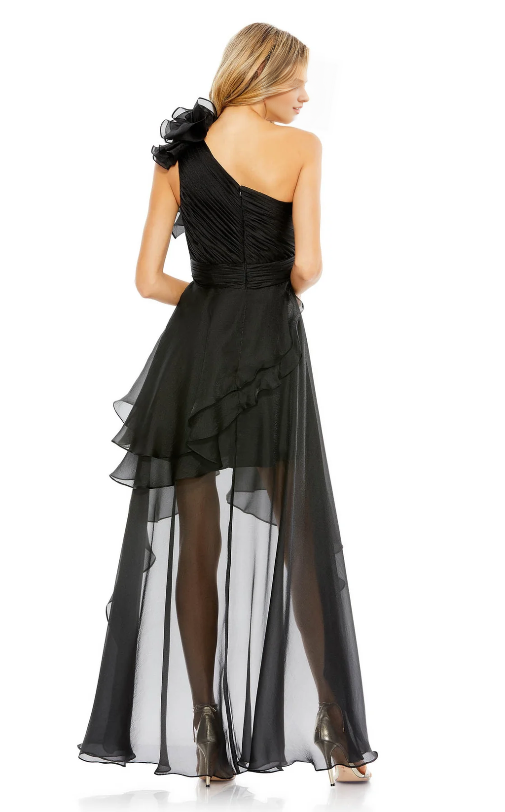 Vestido de noche largo hasta el suelo con corsé ajustado, cuello de un solo hombro, bordes con volantes