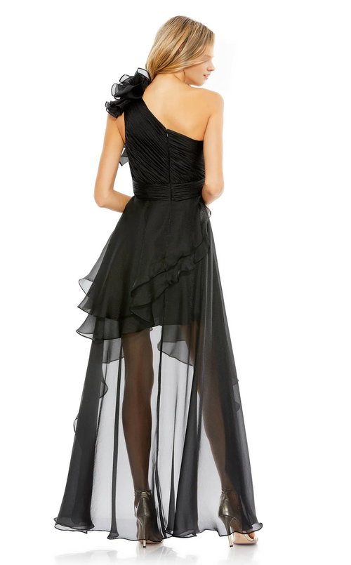 Vestido de noche largo hasta el suelo con corsé ajustado, cuello de un solo hombro, bordes con volantes