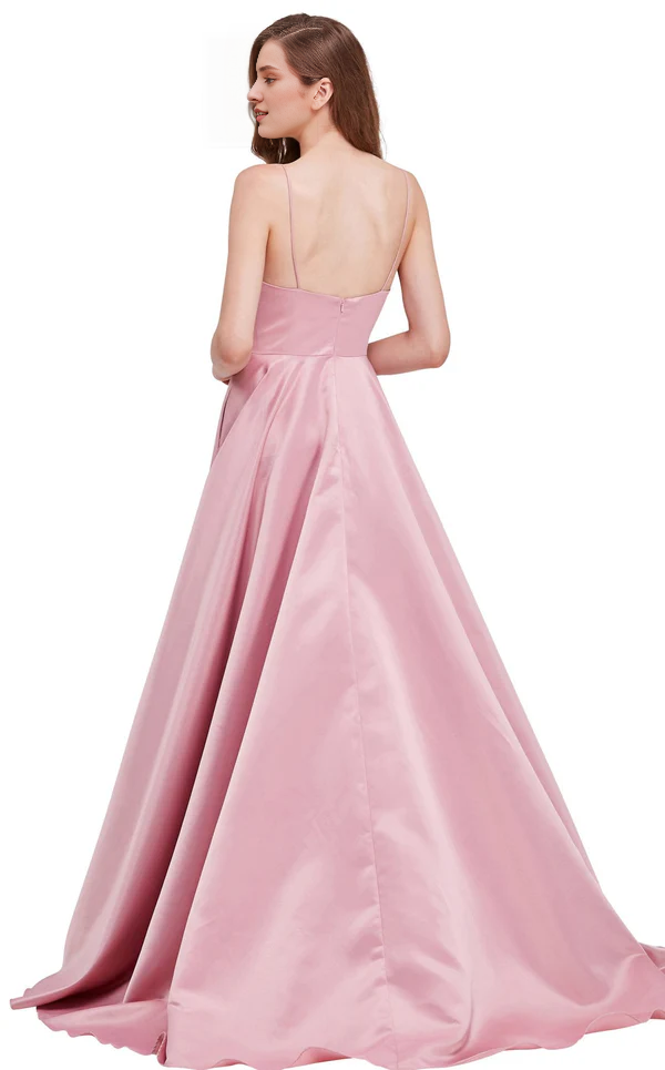 Vestido de noche largo hasta el suelo con corsé ajustado, espalda descubierta y escote en V en forma de A