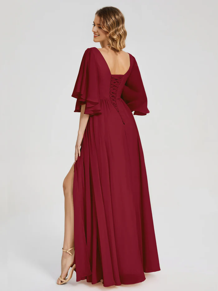 Burgundy Chiffon A-Line Floor-Length Dress with V-Neck, Draped Bodice, Flutter Sleeves, and High Slit