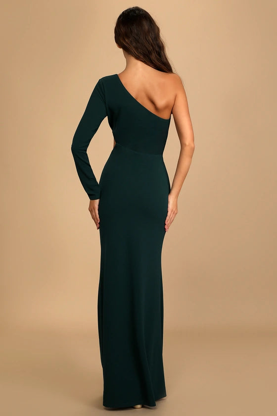 Jimiss asymmetrical collar off shoulder long sleeved backless and floor length evening dress