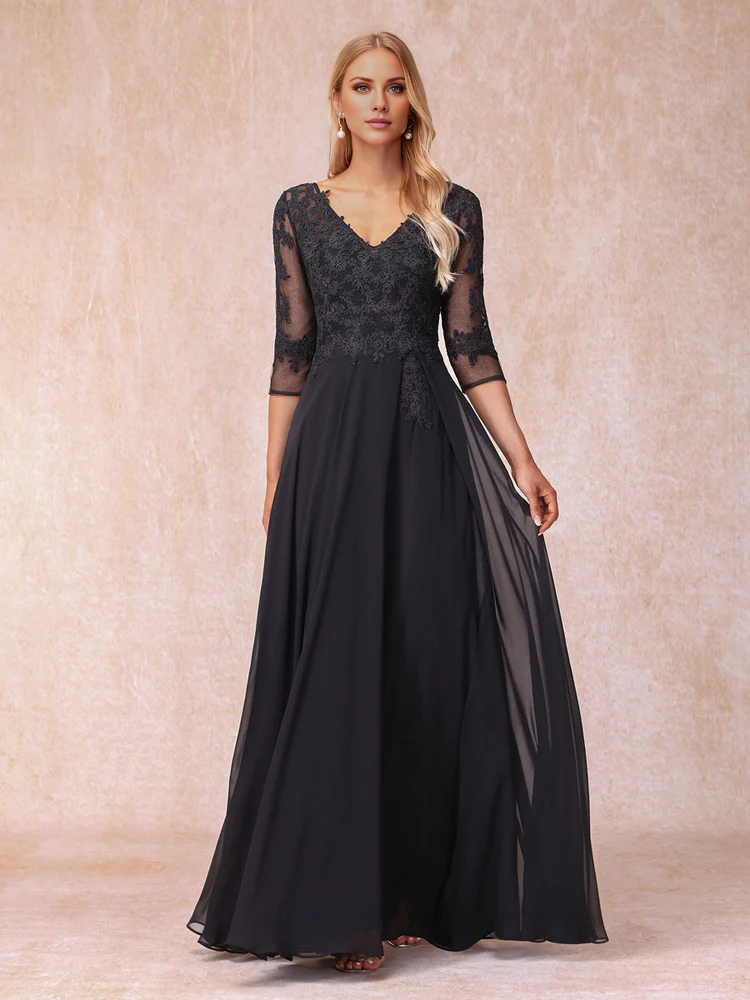 Black V-Neck Chiffon A-Line Floor-Length Evening Dress with Lace Bodice and Sleeves