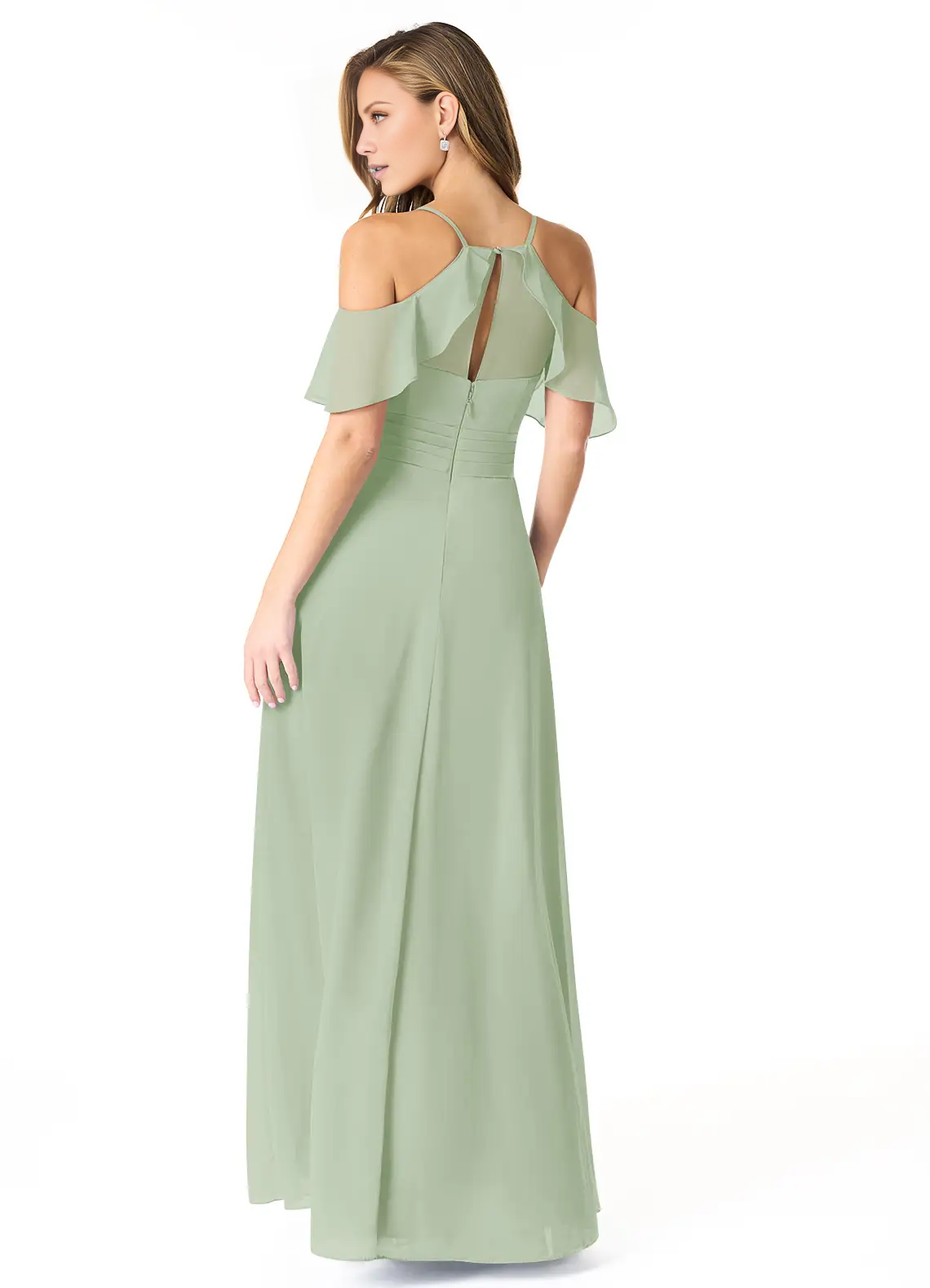A-line V-neck pleated chiffon side slit and floor length bridesmaid dress - Jimiss Dress