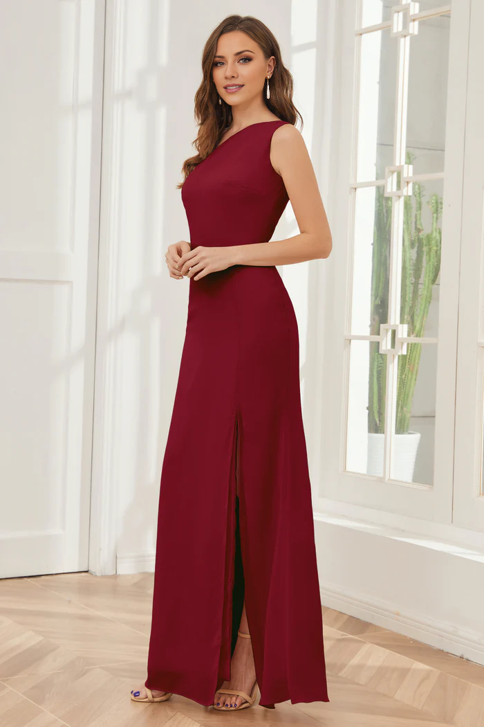 One shoulder sleeveless slit and floor length bridesmaid dress