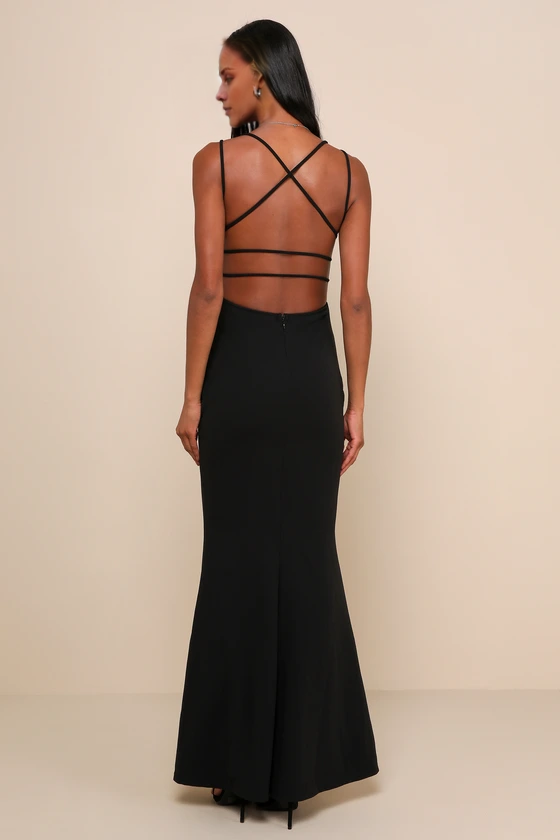 Vestido de fiesta Jimiss de sirena, escote en V, hombros descubiertos, sin mangas, tirantes finos, sin espalda y largo hasta el suelo