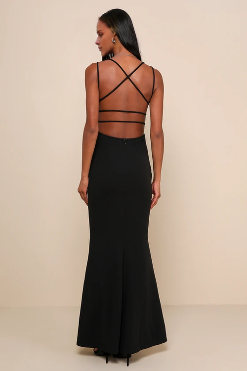 Black Crepe Mermaid V-Neck Floor-Length Evening Dress with Criss-Cross Straps