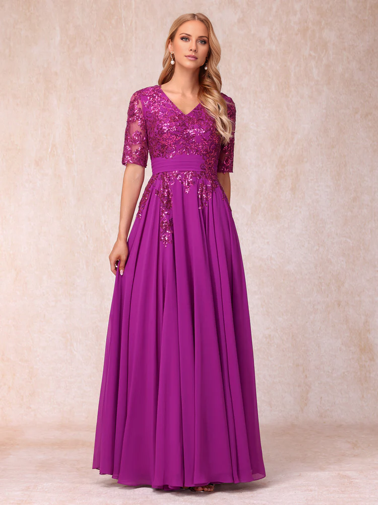 Purple Sequin V-Neck A-Line Chiffon Floor-Length Gown for Prom & Formal Events