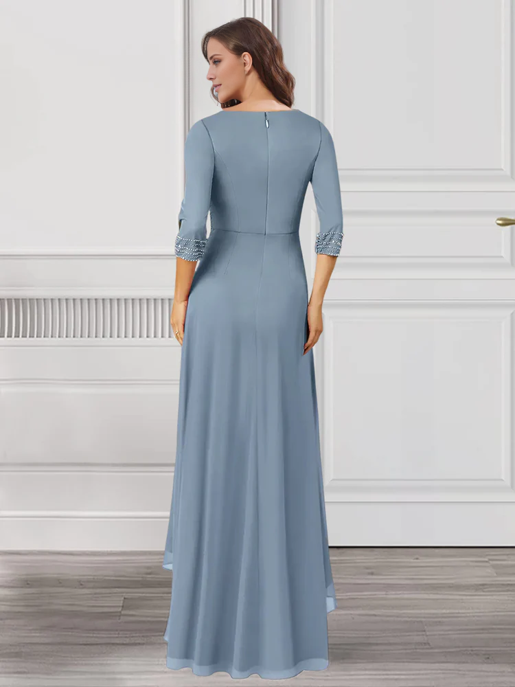 Vestido para madre de la novia con corte A/princesa, escote en V, mangas 3/4 y dobladillo con volantes 