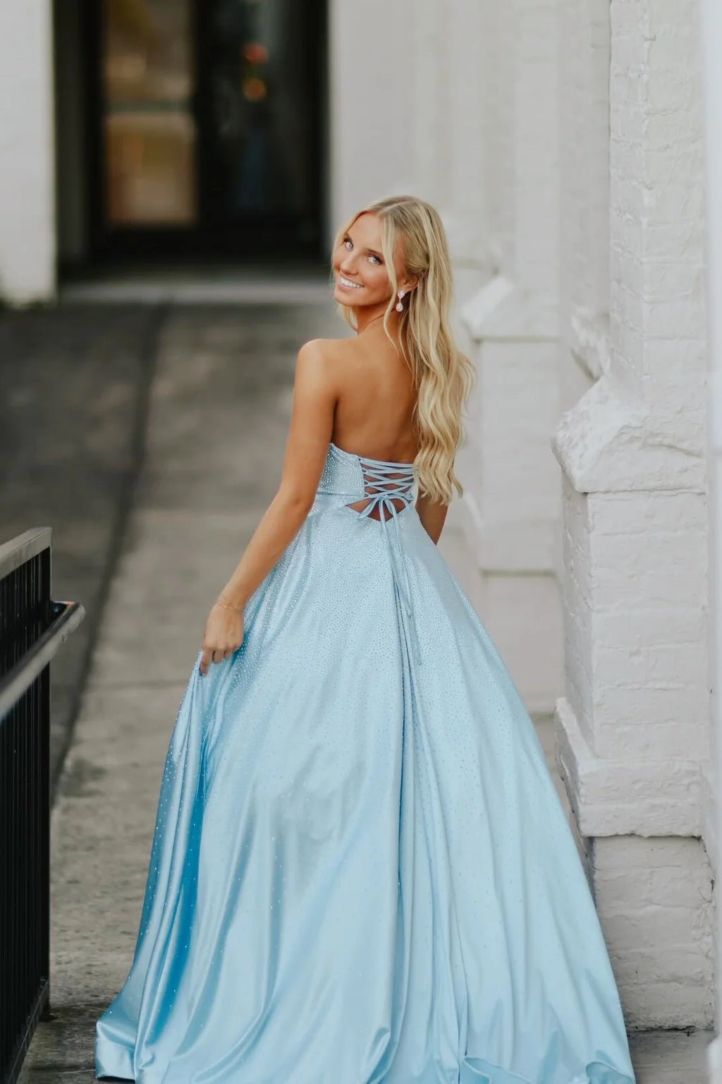 Light Blue Rhinestone Cutout Strapless Ballgown